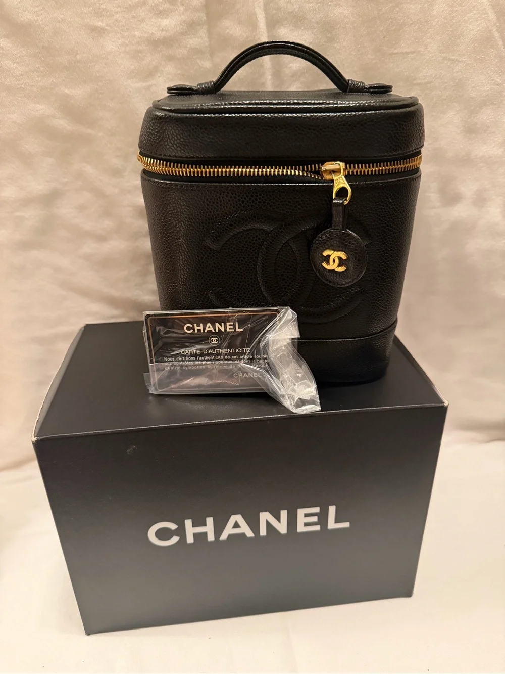 CHANEL Black Leather tall Vanity Case with Gold Hardware